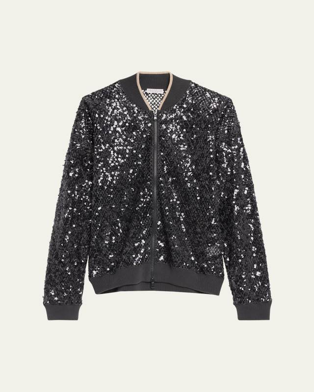 Paillette Net Knit Zip Bomber Cardigan
